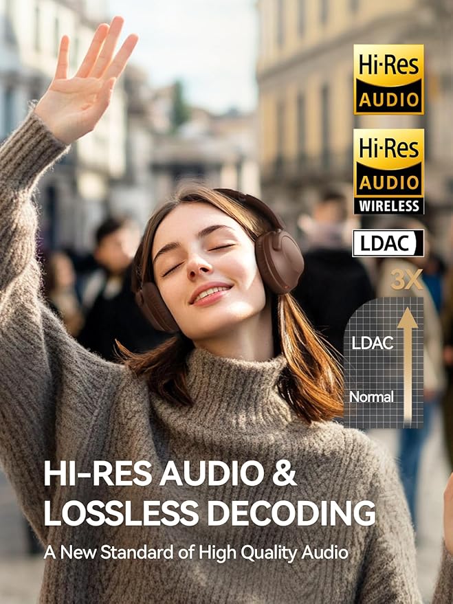 1MORE SonoFlow Pro HQ51 Wireless Over-Ear Headphones, Reduce Noise by Up to 45dB, Hi-Res Audio, 100H Playtime, App Control, Bluetooth 5.4, AI Clear Calls, Lightweight Fit for Travel Office, Brown