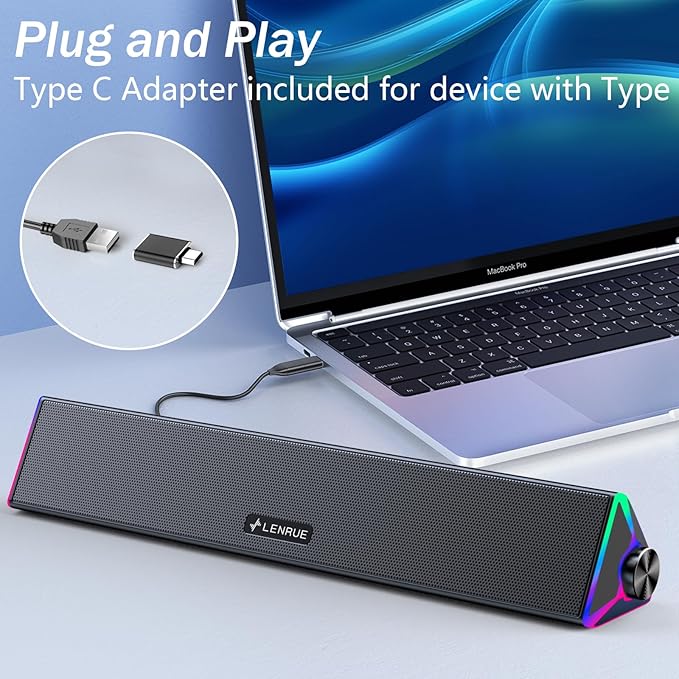 LENRUE Computer Speakers for Desktop,PC Speakers with Single USB for Power and Stereo Sound,Touch Lights Gaming Speakers Sound bar for Desktop PC Monitor Laptop(USB-C Adapter Included)