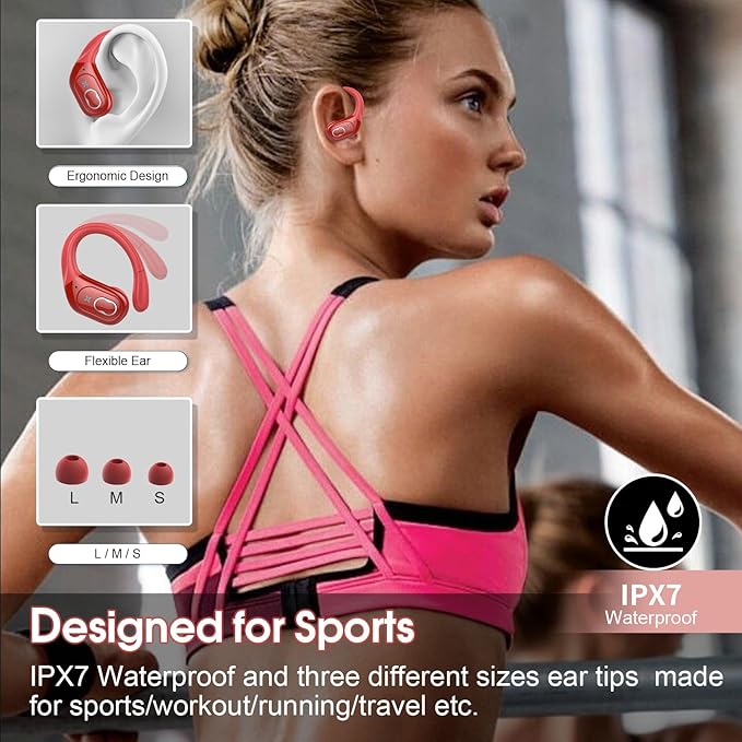 Wireless Earbuds 75hrs Bluetooth 5.4 Headphone Sport, 2025 Bluetooth Earbuds Stereo Deep Bass Over Ear Bud with Earhooks, ENC Noise Cancelling Mic, IPX7 Waterproof Earphone, Red