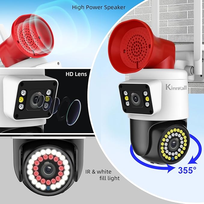 4MP Dual Lens Outdoor Security Camera with Night Vision & Floodlight, 355° Pan/Tilt Motion Tracking, 2.4GHz WiFi, SD/Cloud Storage, IP66 Waterproof, 2-Way Audio, Works with Mobile Apps & PC