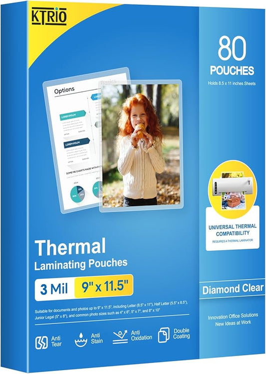 KTRIO Laminating Sheets, Hold 8.5 x 11 inches Sheets, 80 Pack, 3 Mil Clear Thermal Laminate Pouches for Laminator, 9 x 11.5 inch Lamination Paper for School, Home & Office