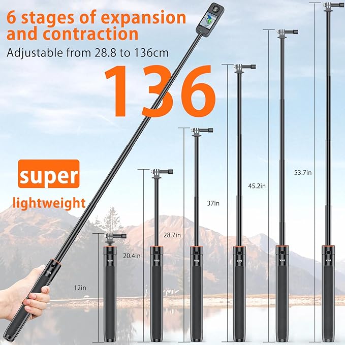 VRIG Extendable Selfie Stick Tripod for GoPro Max Hero 10 9 8 7 6 5 4, DJI Osmo Action, Insta 360 One R and More Action Camera（55.1''）