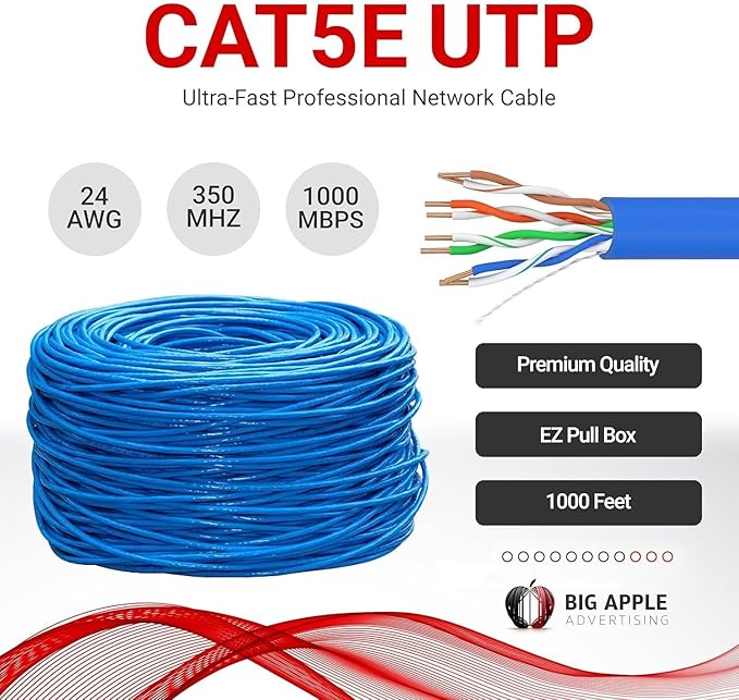 Big-A - 1000ft Cat5e Plenum Ethernet Cable, Blue, 350MHz, 24AWG UTP, CMP Rated, Solid Network LAN Cord, Compatible with Printer, Gaming Consoles, Router, VoIP Phones, POE IP Cameras