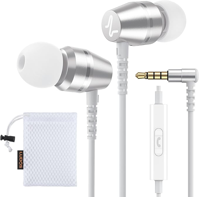LUDOS OMNITONE Wired Earbuds in-Ear Headphones, 5 Years Warranty, Earphones with Microphone, 3.5 mm Jack Corded Ear Buds, Videoconference for iPhone, Samsung, Laptop, Kids, School Students - White