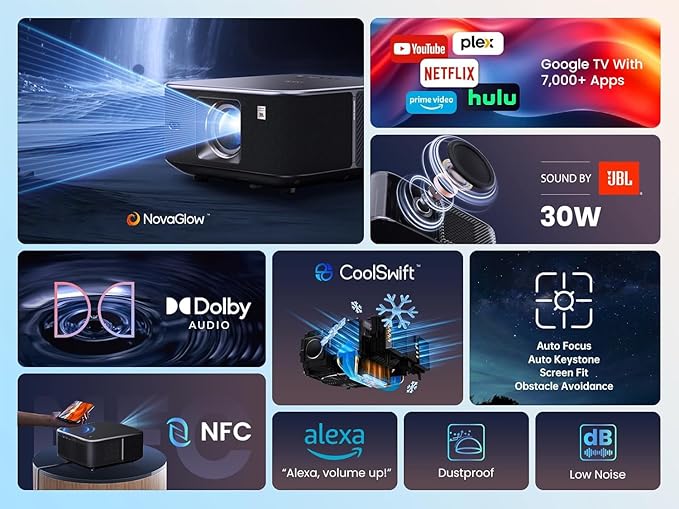 Yaber PROJECTOR K3 1000 ISO Lumens Smart Projector with GTV, 30W Speaker Sound by JBL, Dolby Audio, Home/Outdoor Movie Projector with WiFi6 and Bluetooth, Auto Screen Adaptation,Netflix 7000+app