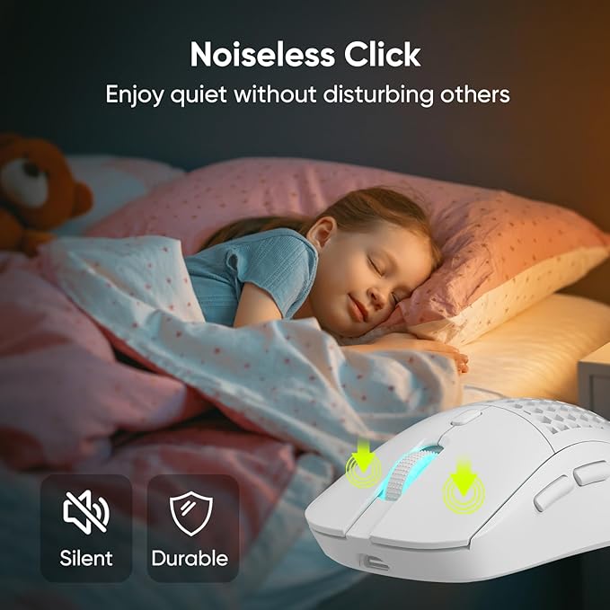 Honeycomb M32 Wireless Gaming Mouse - 2.4GHz RGB Rechargeable Ergo Mouse with Silent Clicks & 3200 DPI for PC/Mac -White