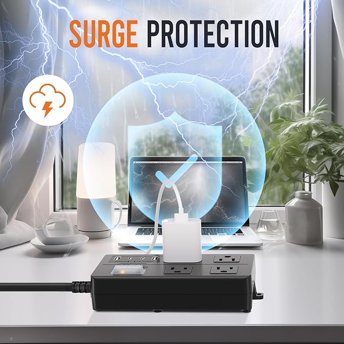 VNJ Outdoor Power Strip with 4AC Outlets + 4USB Ports, IPX6 Waterproof Surge Protector, Safety Lock Design and ETL-Certified Cables, 15FT Extension Cord for Home, Garden, and Commercial Use