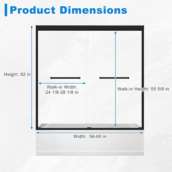 56-60" W x 62" H Tub Shower Door Bathroom Double Sliding Shower Door 5/16"(8mm) Thick Tempered Glass Shower Door with Stainless Steel Handle for Bathtub, Matte Black