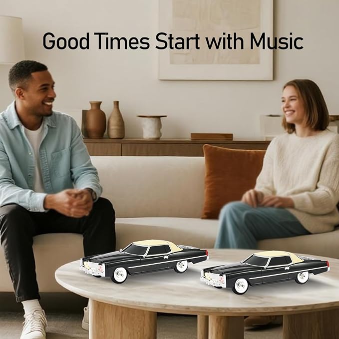 American Retro car Bluetooth Speaker, Mobile Wheel Retro car Model, HD Stereo, TWS Pairing, LED Ambient Light, Type-C Portable Charging, Home, Party, Camping Desktop Decoration (Black)