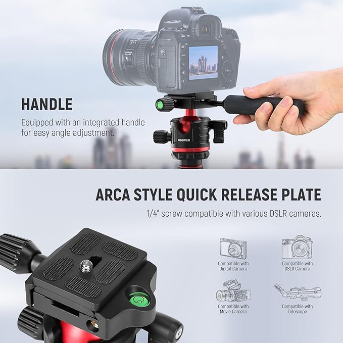 NEEWER Basics Camera Tripod Monopod, 77" Compact Lightweight Travel DSLR Video Stand, 360° Ball Head, Arca Type QR Plate, Reversible Legs & Inverted Central Axis, 13lb Max Load, TP08