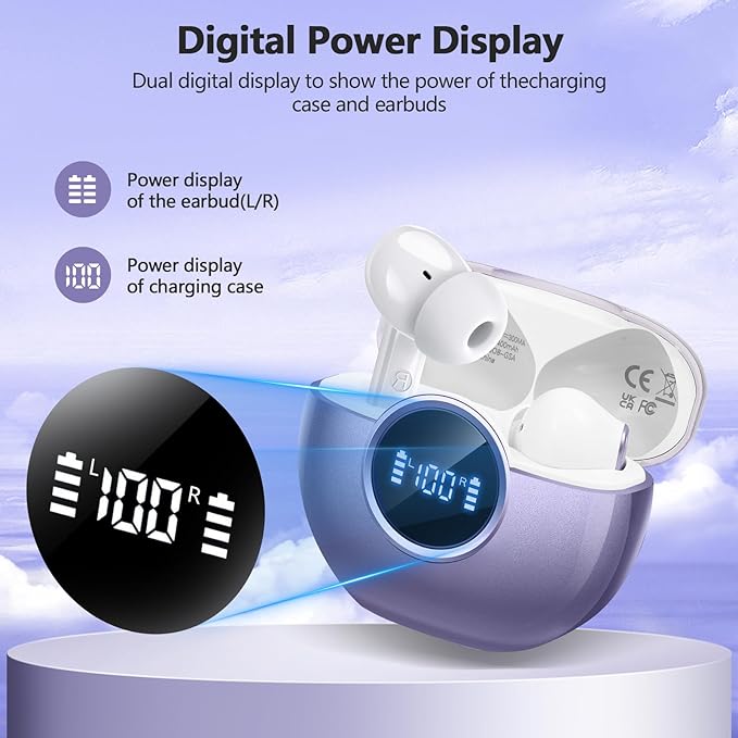 Wireless Earbuds 2025 NEW Bluetooth 5.4 Headphones Bass 3D Stereo, In-Ear Earphones with 4 ENC Noise Cancelling Mic, 48H Playtime with LED Display, IPX7 Waterproof for Laptop Android iOS, Light Purple