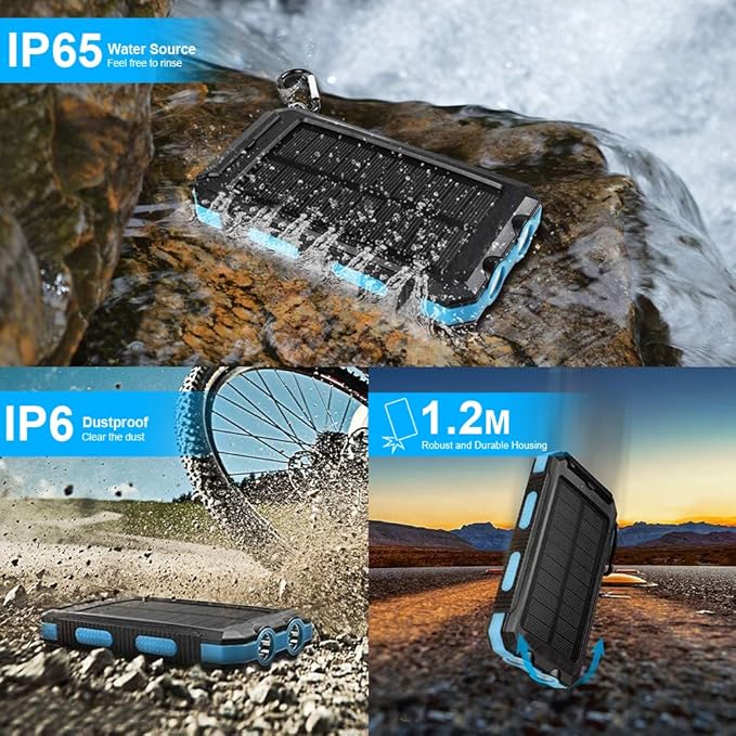 Solar Charger, 20000mAh Portable Type-C Solar Power Bank with 4 Cables, Waterproof Battery Pack, Outdoor External Backup Power Charger Six Outputs/LED Flashlights, Perfect for Camping Travel