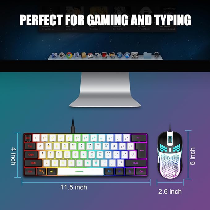 RedThunder 60% Gaming Keyboard and Mouse Combo, Ultra-Compact 61-Key RGB Backlit Mini Keyboard, Lightweight 7200 DPI Honeycomb Optical Mouse, RGB Wired Gaming Set for PC PS5 Xbox Gamer(White-Black)