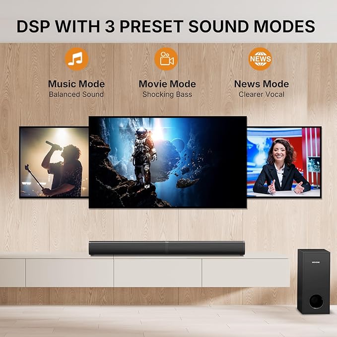 Wohome 2 in 1 Detachable Sound bar with Subwoofers, 4.1 Channel Bluetooth Sound Bar for Smart TV, Home Theater Surround Sound System, Optical,HDMI-ARC, USB Input, Bass Adjust, Remote/Button Control