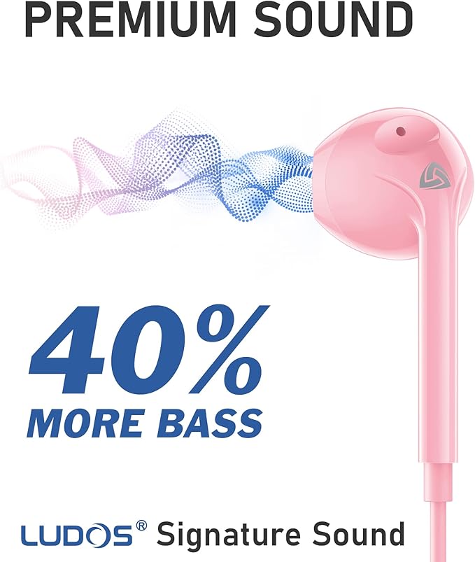 LUDOS ZENITH Wired Earbuds in-Ear Headphones, 2 Years Warranty, Earphones with Microphone, Corded for 3.5mm Jack Ear Buds for iPhone, Samsung, Computer, Laptop, Kids, School Students, Small Ear - Pink