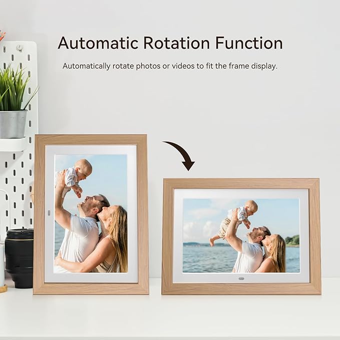 10.1" Digital Picture Frame with Remote Control, 1280 * 800 IPS Full View Ultra Clear Screen, Removable Wooden Frame, Share Videos Photos Send Wishes Auto-Rotate Slideshow Non-WiFi