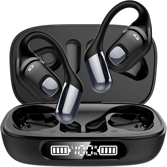 Open Ear Earbuds, Bluetooth 5.3 Wireless Air Conduction Headphones with Mic, LED Display Charging Case&Fast Charging, Ultra-Light Weight, 80H Playtime Earbuds for Work, Sports (Black)