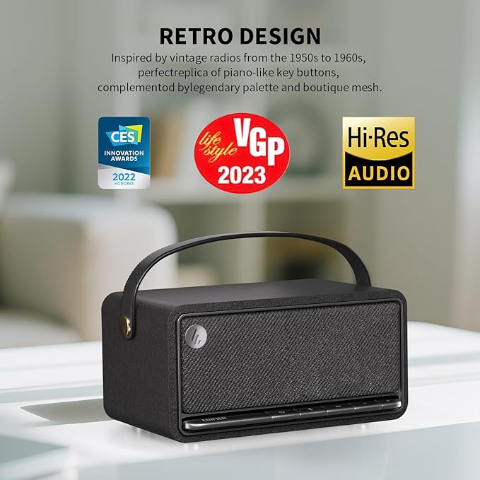 Edifier Retro Wood Bluetooth Speaker, Wireless Portable Speakers with 40W Hi-Res Audio, Stereo Pairing ConneX App, USB and TF Card Black