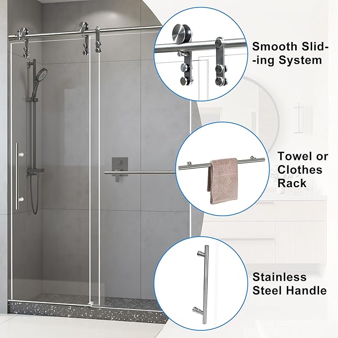 44-48" W x 76" H Frameless Shower Door Bathroom Sliding Shower Door 5/16"(8mm) Thick Tempered Glass Shower Door with Double Stainless Steel Handles for Walk-in Shower, Brushed Silver