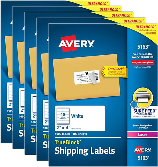 Avery Printable Shipping Labels with Sure Feed, 2" x 4" Customizable Stickers, White, 5,000 Blank Mailing Labels, Great for Mailing, Shipping, and More (5-Pack of 5163)