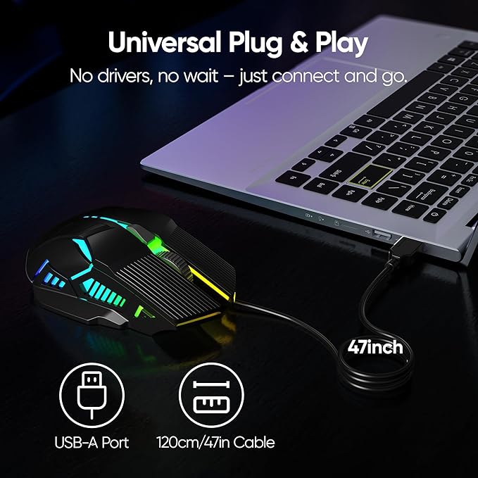Wired Gaming Mouse - Lightweight USB Optical Computer Mice with 7-Color RGB LED Lights, 4 Adjustable DPI (1200-3200), 6 Buttons, Ergonomic Design for Windows (S800-Black)