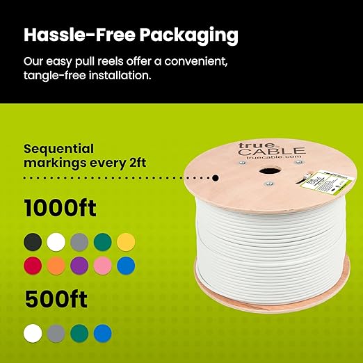 TRUE CABLE Cat6 Shielded Riser (CMR) Bulk Ethernet Cable, 1000ft, White, 23AWG Solid Bare Copper, 550MHz, Overall Aluminum Foil Shield (F/UTP), PoE++ 100W, ETL Listed