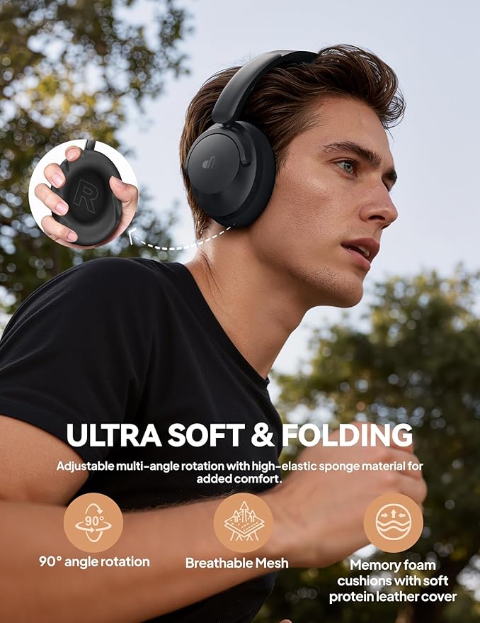 Hybrid Active Noise Cancelling Headphones, Over-Ear Bluetooth Headphone, 60H Playtime, Deep Bass, Transparency Mode, Comfort Fit Ear Cups, White Elephant Gifts for Adults, Travel Office Home - Black