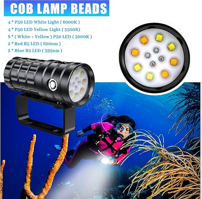 Dive Light for Underwater Photography, 5000Lumens Super Bright Diving Flashlight, 100M Waterproof Underwater Video Light with Type-C Charging, Professional for Underwater Lighting