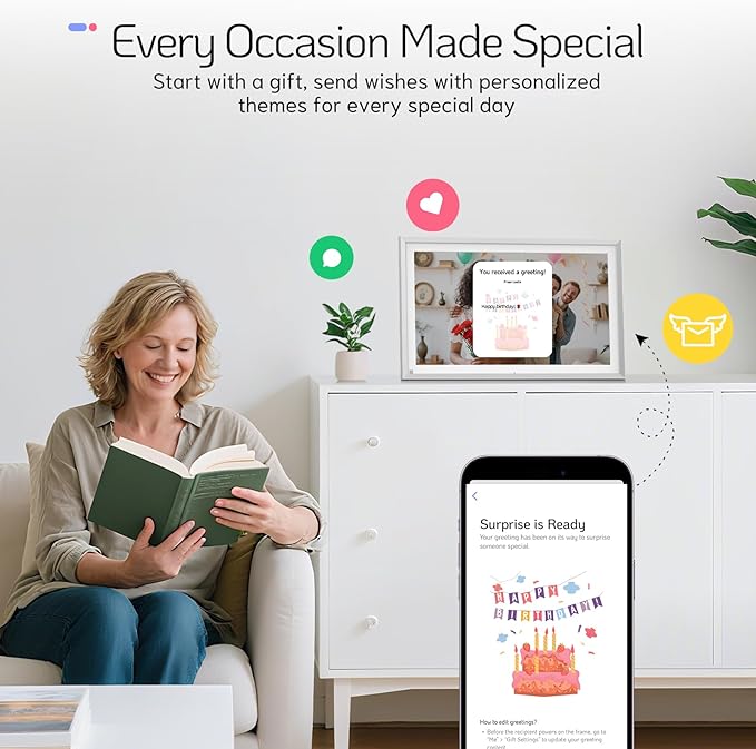 NexFoto 15.6 Inch Touchscreen Digital Picture Frame 64GB, FHD IPS WiFi Digital Photo Frame, Add Photos from Google Photos, Upload Videos via App/USB, Gifts for Newlywed, Wedding, Housewarming, Silver