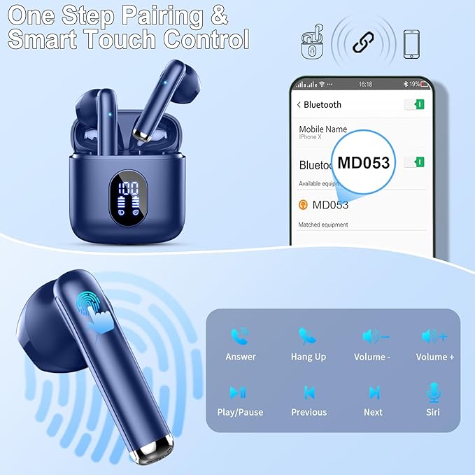 Wireless Earbuds, in Ear Headphones with 4 ENC Mics, Bluetooth 5.4 Ear Buds Hi-Fi Stereo, 36H Playtime Earphones with USB-C Charging Case, 3g Lightweight, IP7 Waterproof Headset for Running