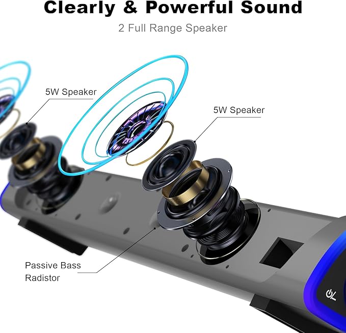 SOULION R30 Computer Speakers, Colorful LED Lights with Switch Button, Surround Sound Portable Computer Sound Bar Speakers for Desktop, Gray
