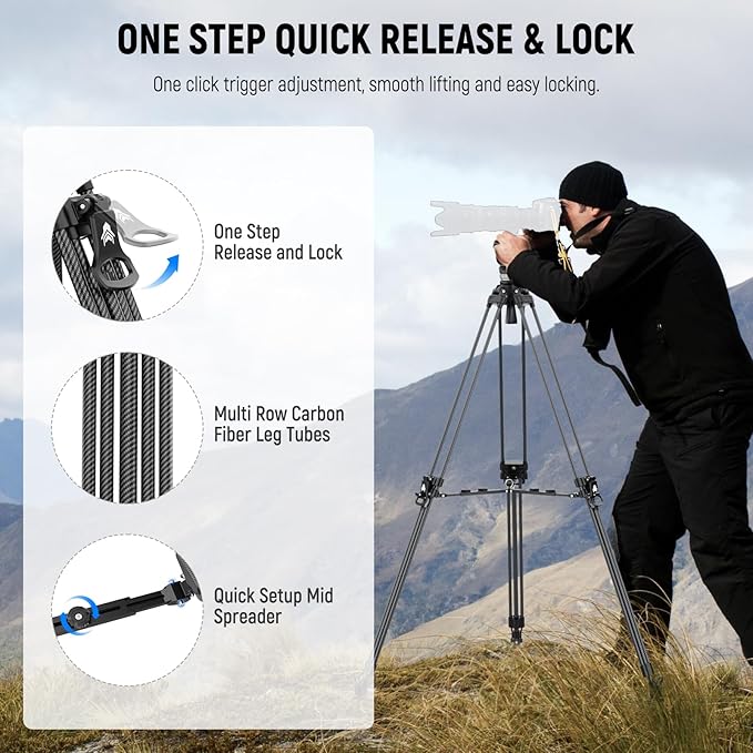 NEEWER 78" Carbon Fiber Video Tripod with Fluid Head, One Step Release Lock Tripod with 6 Level Dynamic Counterbalance, 4 Level Pan/Tilt Damping, Mid Spreader, Dual Mode QR Plate, Max Load 18lb, LL55