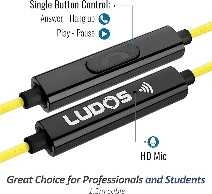 LUDOS Clamor Wired Earbuds in-Ear Headphones, 5 Years Warranty, Earphones with Microphone, Noise Isolating Ear Buds, Memory Foam for iPhone, Samsung, School Students, Kids, Women, Small Ears - Yellow