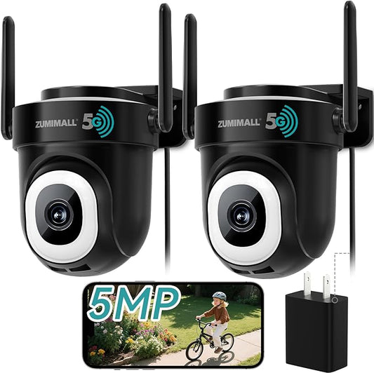 ZUMIMALL 5MP 5G WiFi Security Camera 2-Pack Black, 24/7 Recording, 360° PTZ Auto Tracking, Support SD Storage, Color Night Vision, AI Detection, 2-Way Talk, Compatible with Alexa & Cloud Edge