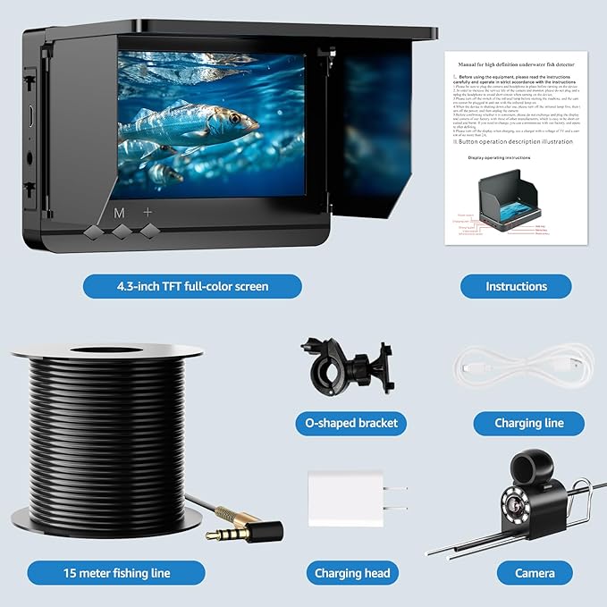 Underwater Fishing Camera, 4.3 Inch Portable Night Vision Fish Finder HD 1000 TVL Infrared Waterproof Camera LCD Monitor 15M Cable for Ice Dark Fishing Lake Sea Boat Kayak