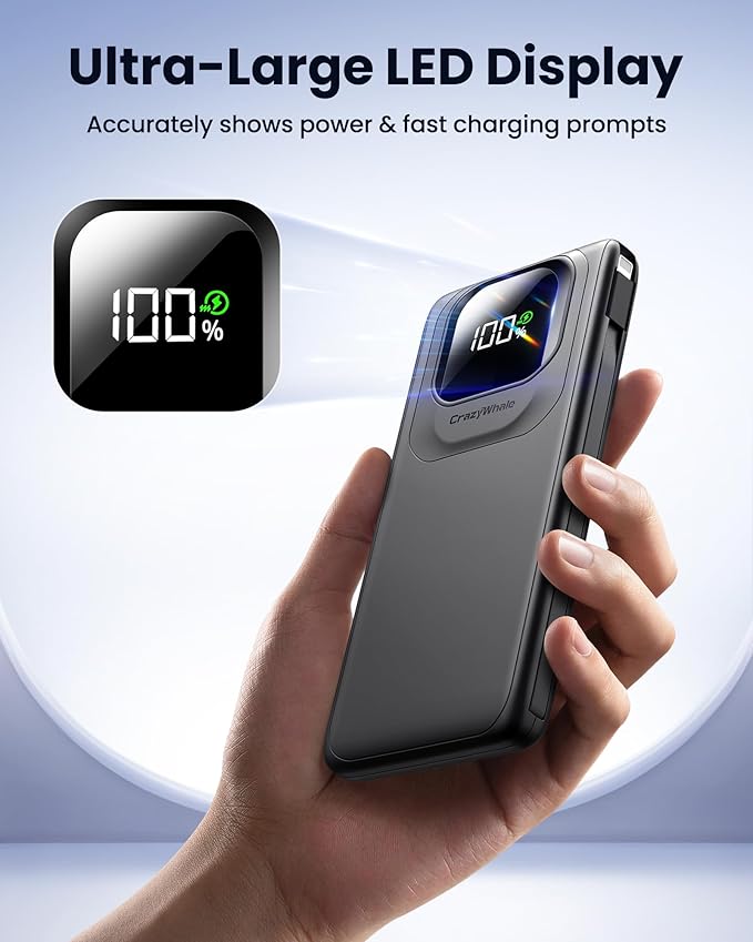 Portable Charger with Built-in Cables,22.5W Super Fast Charging Power Bank Slim Phone Charger,10000mAh Travel Battery Pack Battery Bank with Smart LED Display for iPhone, Android & USB-C Devices