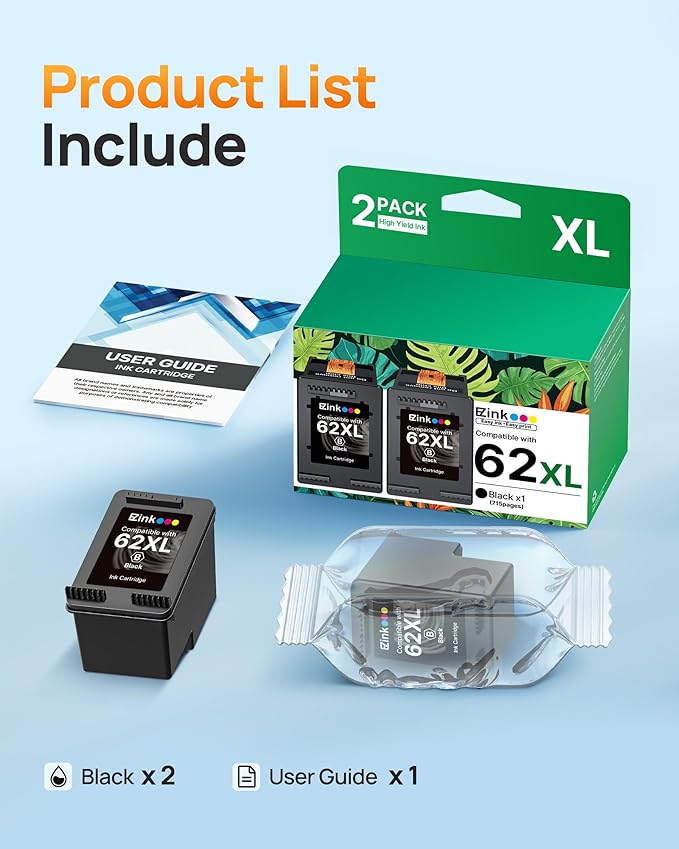 62XL Ink Remanufactured Ink Cartridges for HP 62 Black Ink Cartridge for HP Ink 62 62XL High Yield Use with HP Envy 5540 5640 5660 7644 OfficeJet 5740 5741 8040 200 250 Series Printer (2 Pack Black)