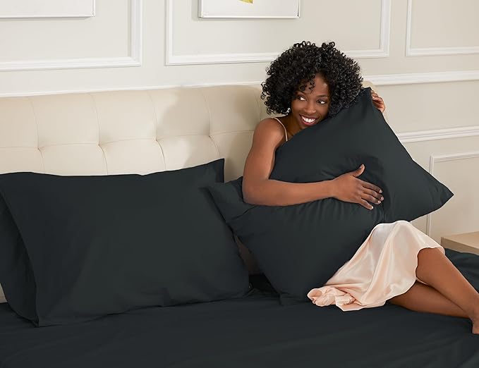 Sunflower Queen Pillowcases Set of 2, 100% Cotton Queen Size Pillow Cases 2, 20×30 inches Black, Soft and Breathable