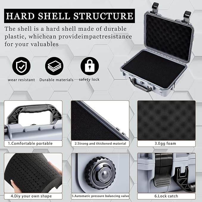 14.3 x 11.4 x 4.5 Inch Waterproof Hard Case with DIY Customizable Foam Insert Portable Protective Case with Knife for Camera Drones Equipments Tools Test Instruments (Gray)