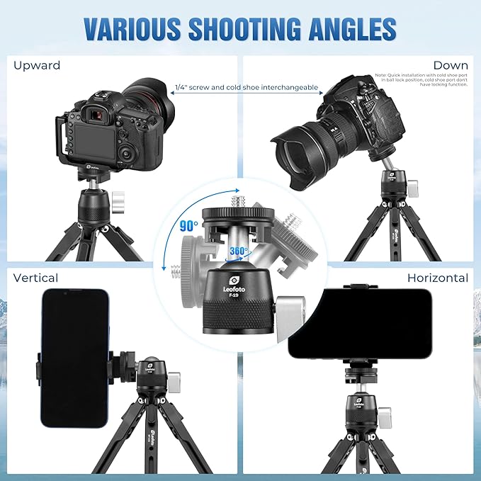 9.84" Aluminum Table Tripod with Ball Head for Camera, 360° Rotation Desktop Tripod with 1/4" Screw for Phone Adaptor/Projector/Sport Camera, Max Load 11lb