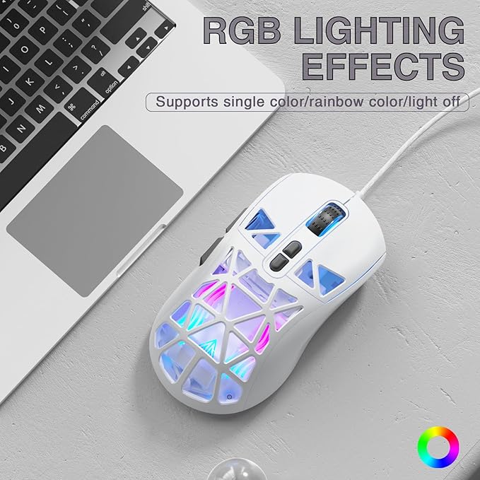 SM901 Gaming Mouse,13800DPI RGB Mouse with Programmable Buttons,53g Lightweight Wired Mouses for Gamer,White