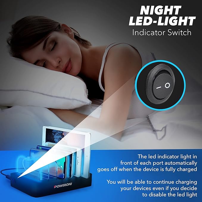 USB Charging Station 6-Ports - Fast Charging Station for Multiple Devices Apple - Multi Device Charger Station Dock - Compatible with Apple iPad, iPhone, Android, and Tablet