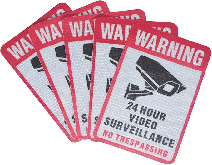 5 Pieces 24 Hours Video Recording Surveillance No Trespassing Sign Sticker. Self Adhesive 5.9 X 4 Inch, It Is Made of Reflective Film,Printed With UV Ink,Waterproof and Sunscreen, Not Fade.