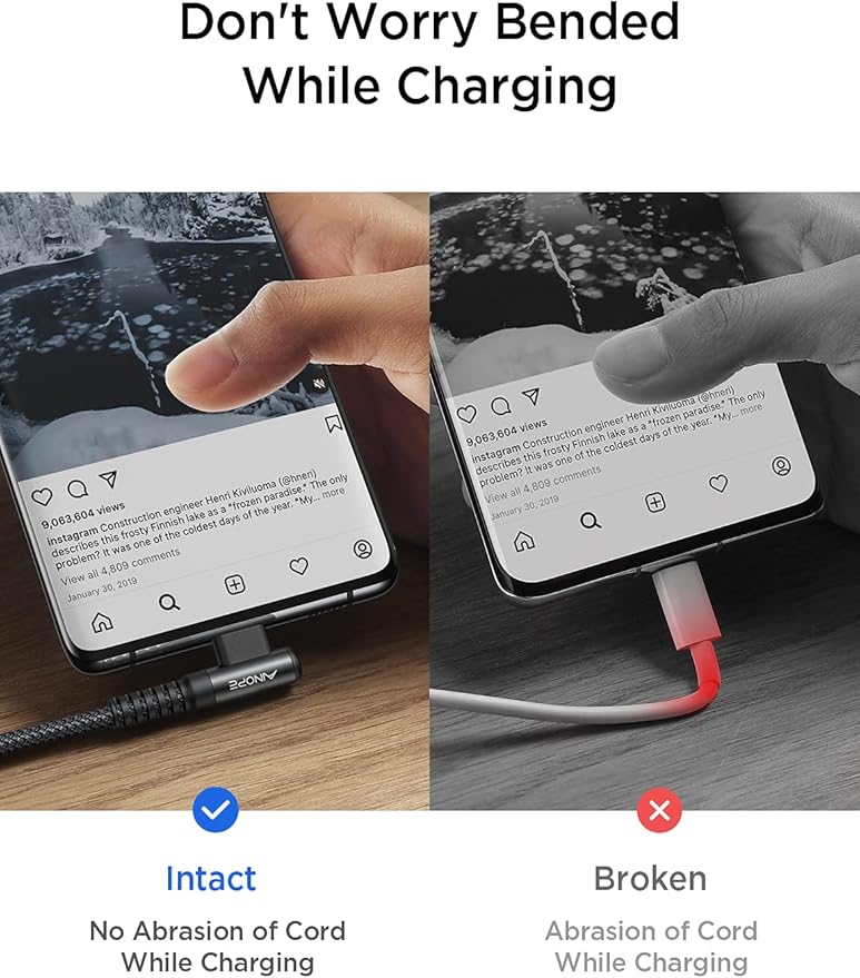AINOPE USB C Cable 60W 2-Pack 3.3ft Nylon Braided USB C to USB C Cable Type C Charger Fast Charging Right Angle USBC Cable Charger Cord for iPhone 16 Pro Max 15 Plus Samsung S24 S23 iPad Pro Black