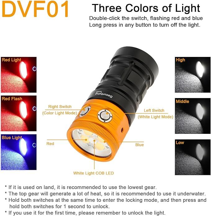 Diving Light for Underwater Photography, DVF01 25000 Lumens, 100m Underwater Video Light, Aluminum Alloy Diving Flashlight with Type-C Charging Waterproof Flashlight for Photography