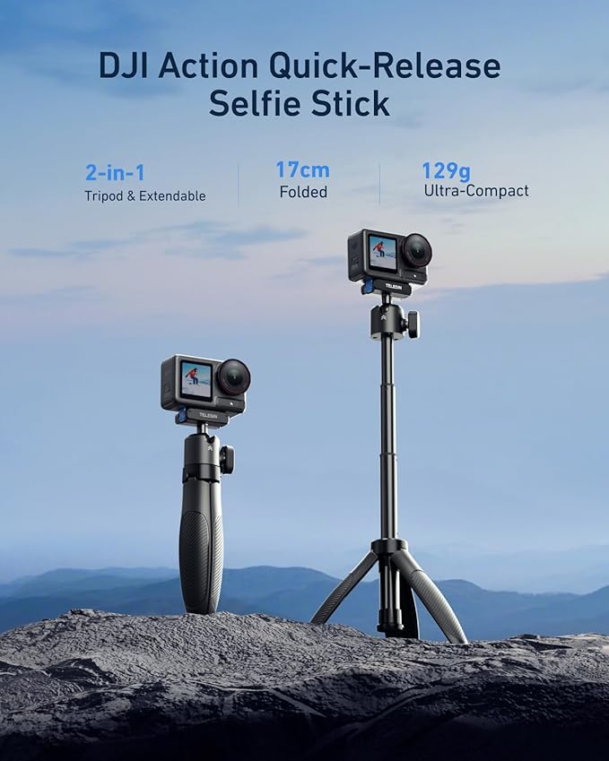 TELESIN 40cm/15.7'' Mini Selfie Stick Tripod, Magnetic Quick Release Selfie Sticks Handle Grip, Portable Vlog Monopod, 360° Adjustable Extended Pole for DJI Osmo Action 5 Pro/4/3 Camera Accessories
