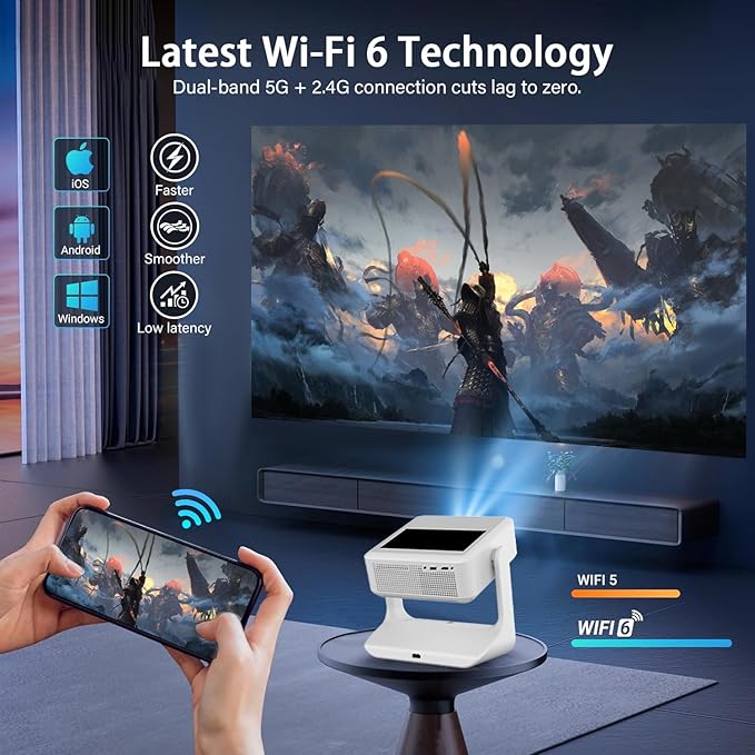 TouchScreen Smart Portable Projector, 4K Support Outdoor Projector with WiFi6 and Bluetooth, 800 ANSI 180° Rotatable,1000+ Apps, Auto Focus Keystone Movie Proyector for Home Theater/Outdoor/Gaming