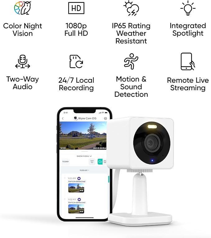 WYZE Cam OG Indoor/Outdoor 1080p Wi-Fi Smart Home Security Camera with Color Night Vision, Motion Detection, 2-Way Audio, Compatible with Alexa & Google, White (2-Pack), Free Expert Setup
