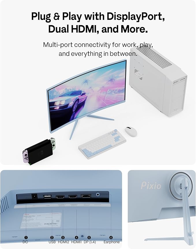 Pixio PXC279 Wave Blue 27 inch 300Hz Refresh Rate FHD 1080p Resolution 1650R Curved Fast VA Panel 1ms GTG Response Time Adaptive Sync HDR Curved Gaming Monitor