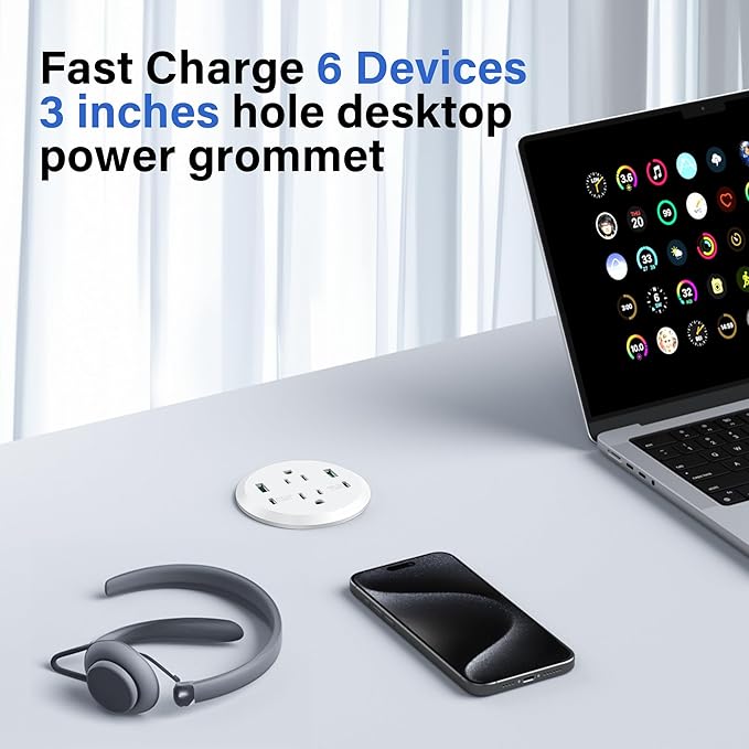 3 inch Desktop Power Grommet USB C,40W Fast Charging Station,Furniture Recessed Power Strip,2 Outlets,4 USB Ports,Flush-Mount for Desktop, Workspace Essential Desk Outlet,2 Pack